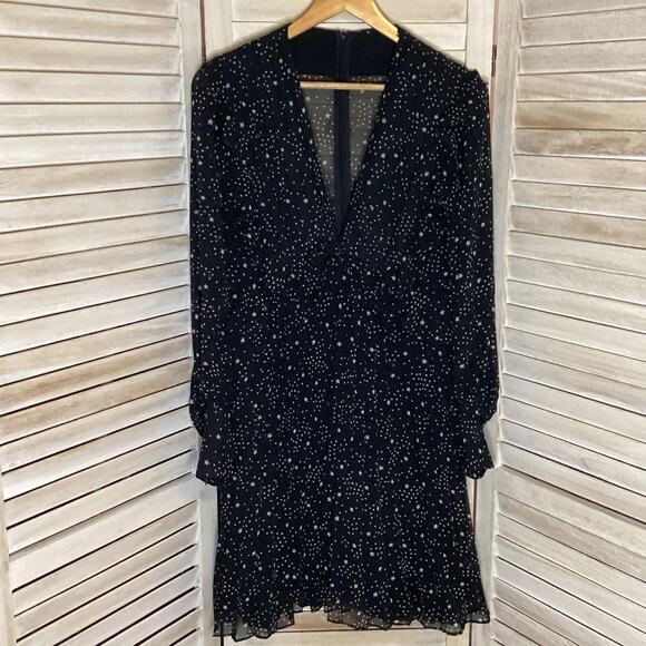 The Kooples Shooting Stars Pleated Ruffle Mini Dress Black White Chiffon 3 L - Picture 7 of 11